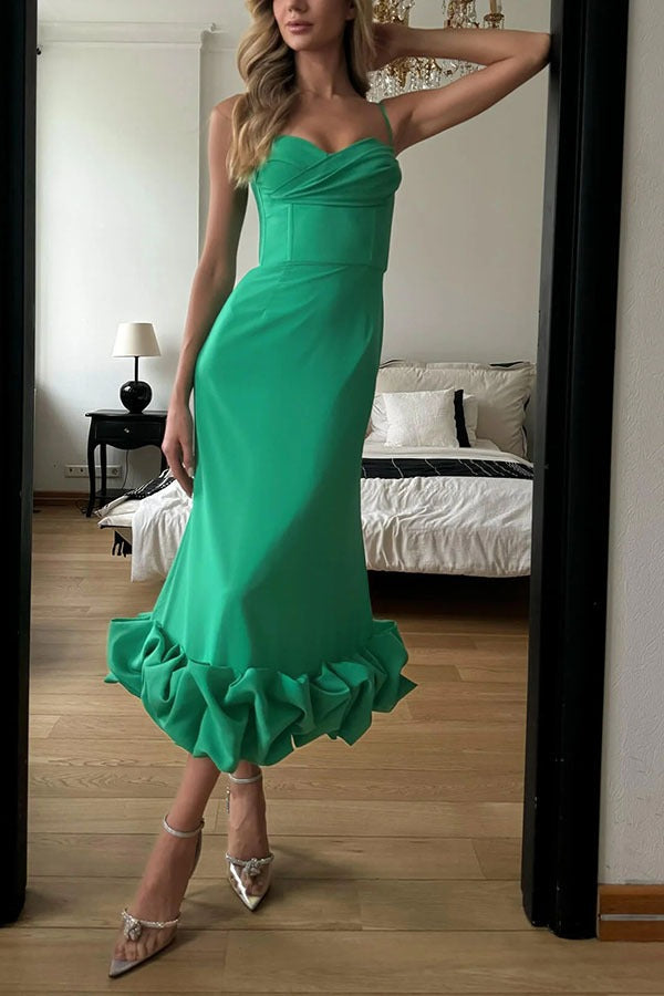 Chic Solid Spaghetti Strap Ruched Maxi Prom Dress
