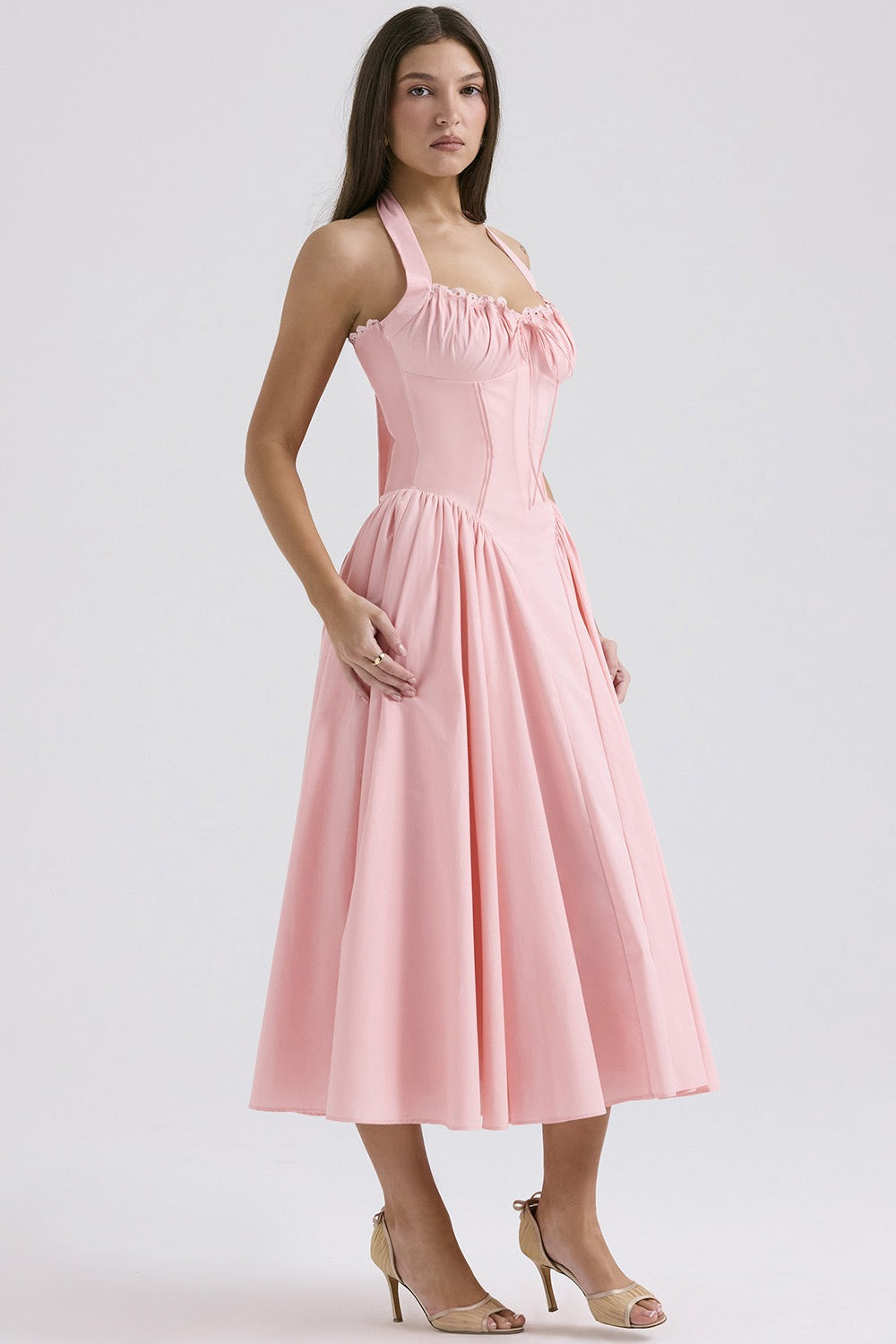 Flower Halter Lace Trim Long Sleeveless Prom Dress