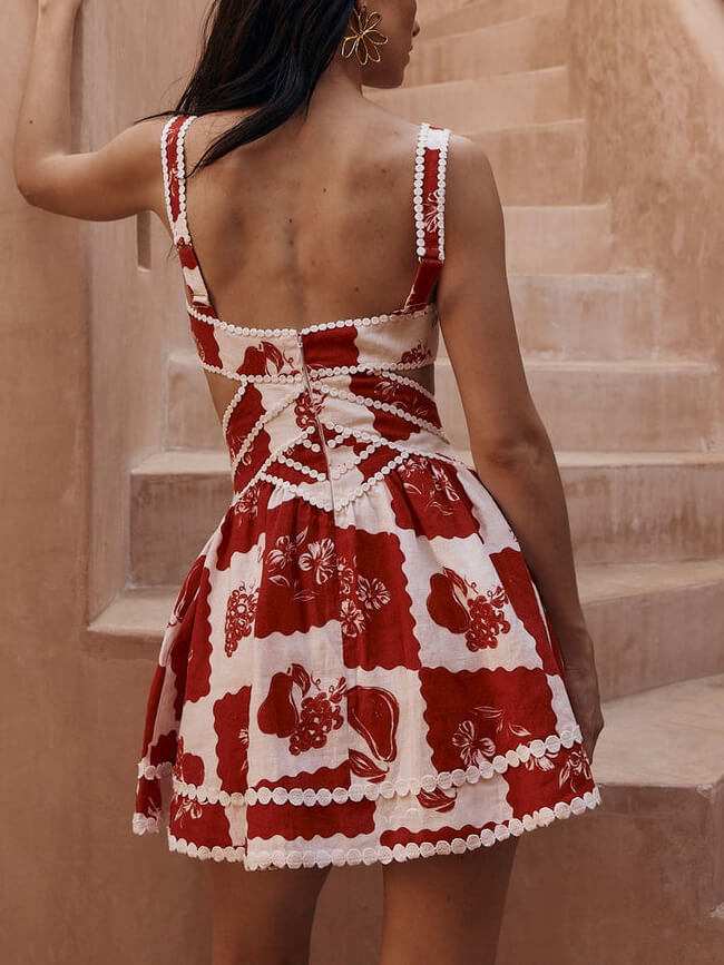 Bloom Decorative Unique Print V Neck Hollow A Line Mini Dress