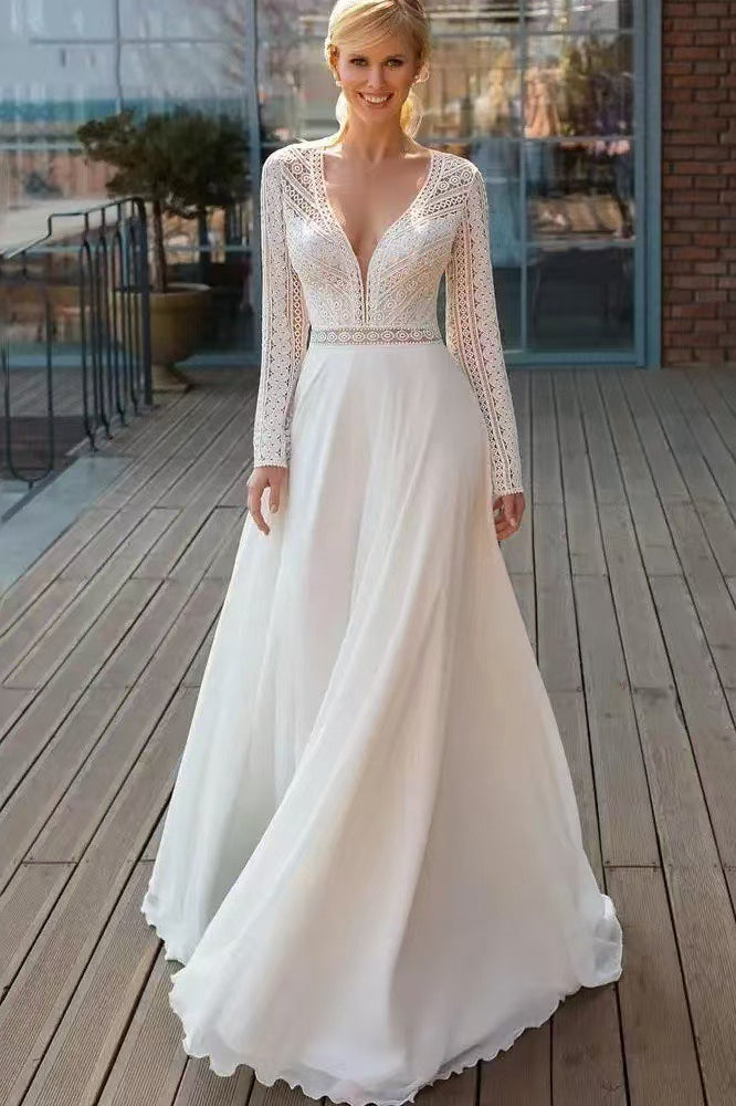 Extended Sleeve Lace Train Wedding Dress