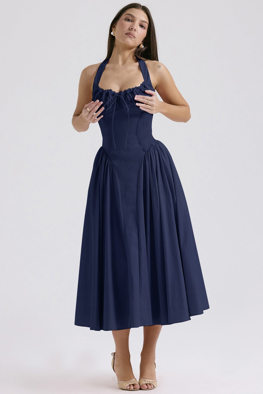 Flower Halter Lace Trim Long Sleeveless Prom Dress