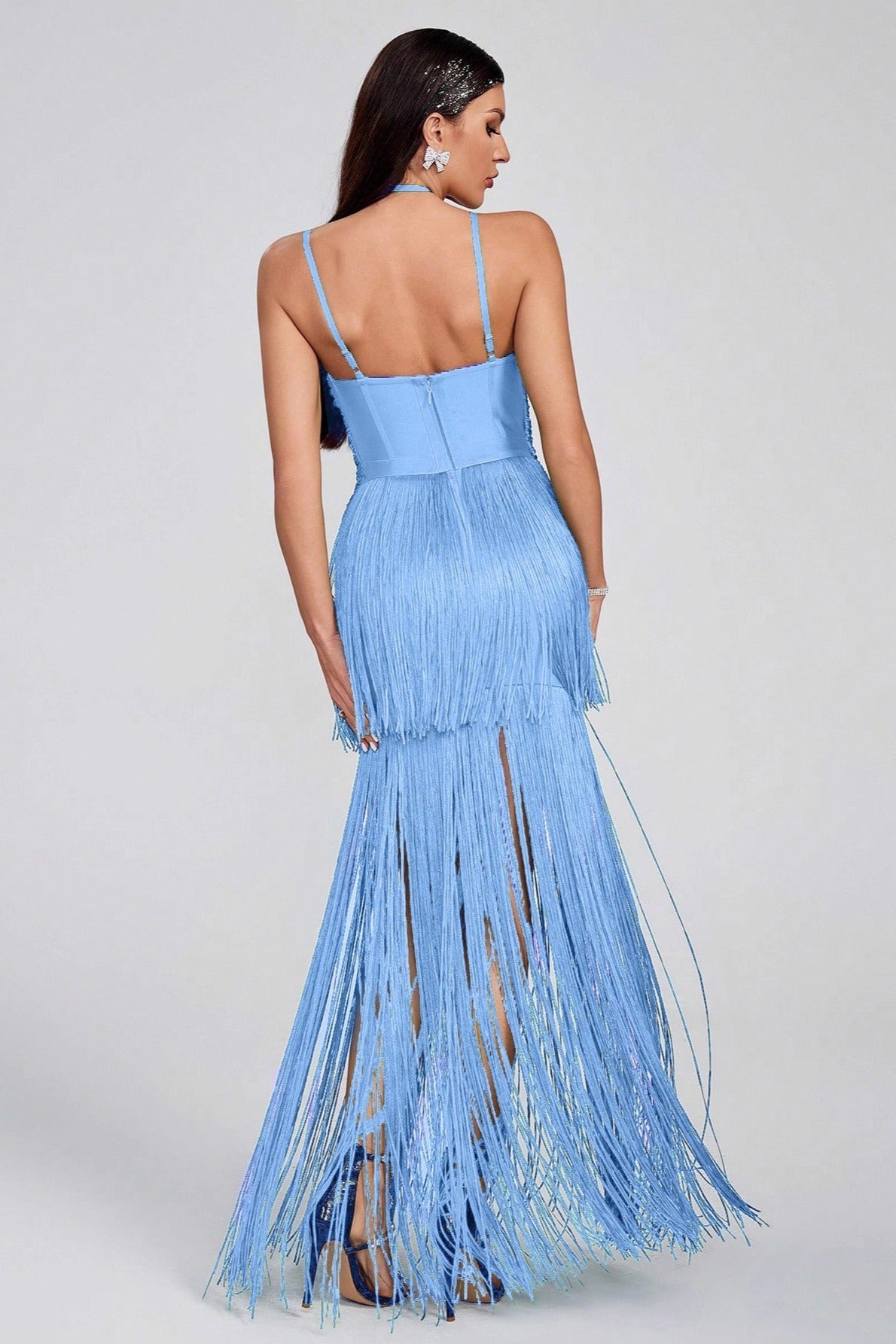Halter Edition Sling Maxi Fringe Hem Cocktail Dress