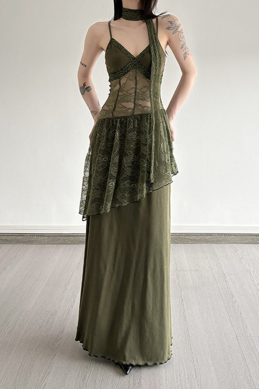Lace Edition Trim Sheer Waist Tie Cami Maxi Lace Dress