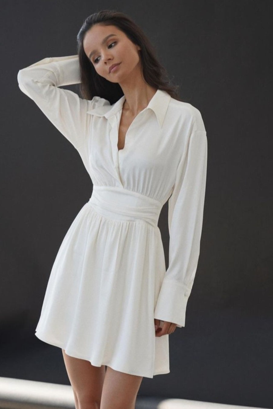Neck V Ruched Long Sleeve Midi Dress