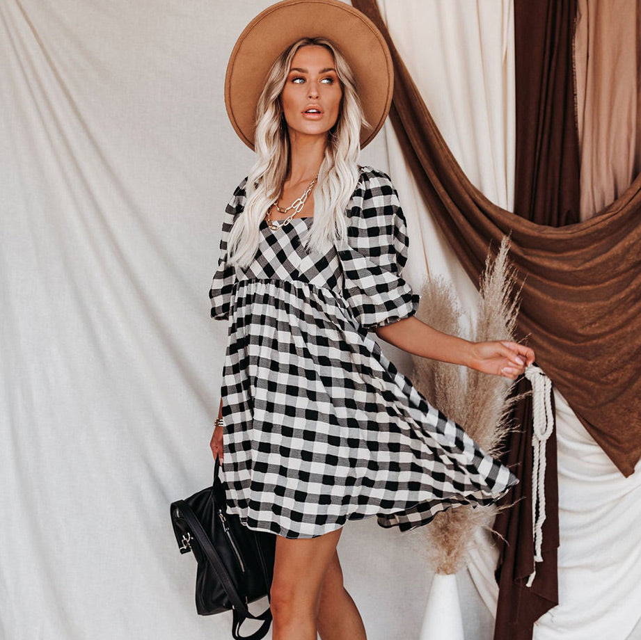 Plaid Brownstone Adjustable Balloon Sleeve Dress FINAL