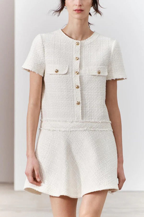 Elevated Rebekah 1960s London Girl Mini Dress in Textured Tweed with Gold Buttons and Short Sleeves and Pockets Boutique Collection