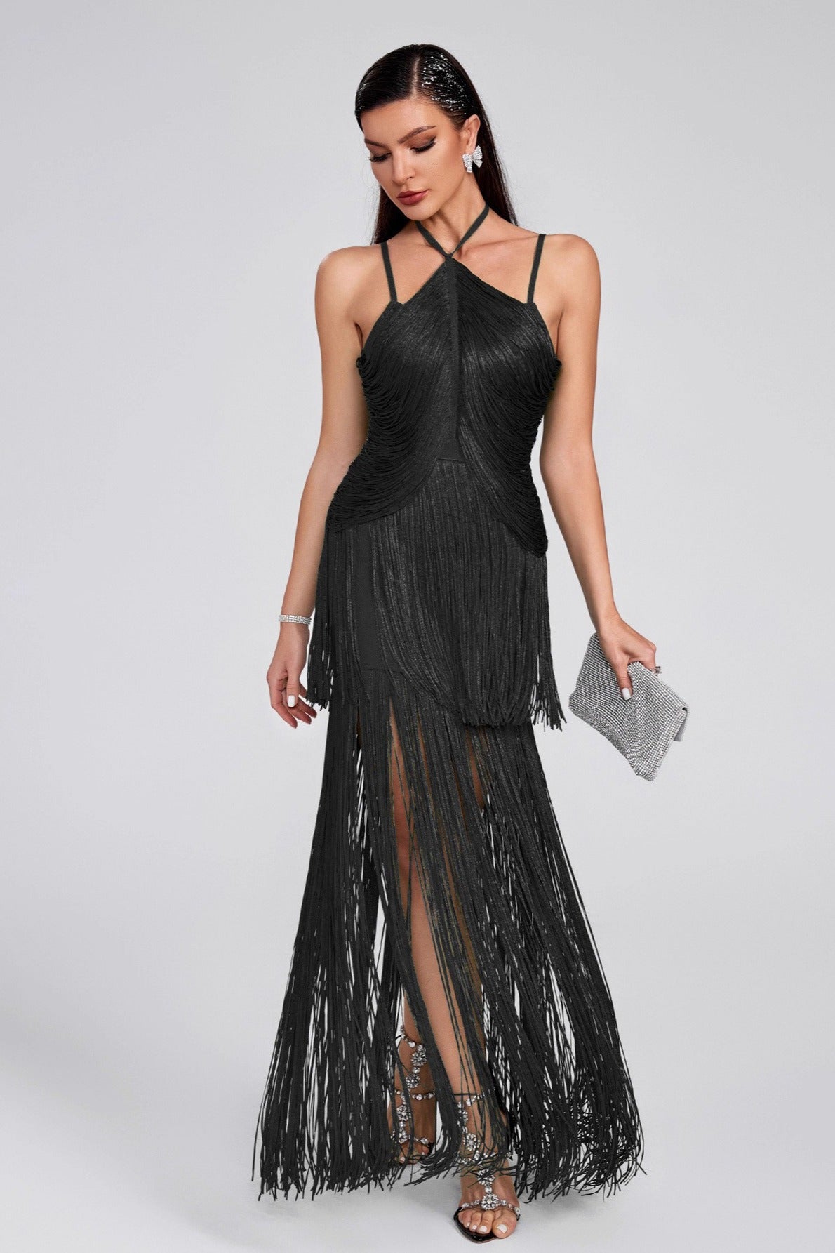 Halter Edition Sling Maxi Fringe Hem Cocktail Dress