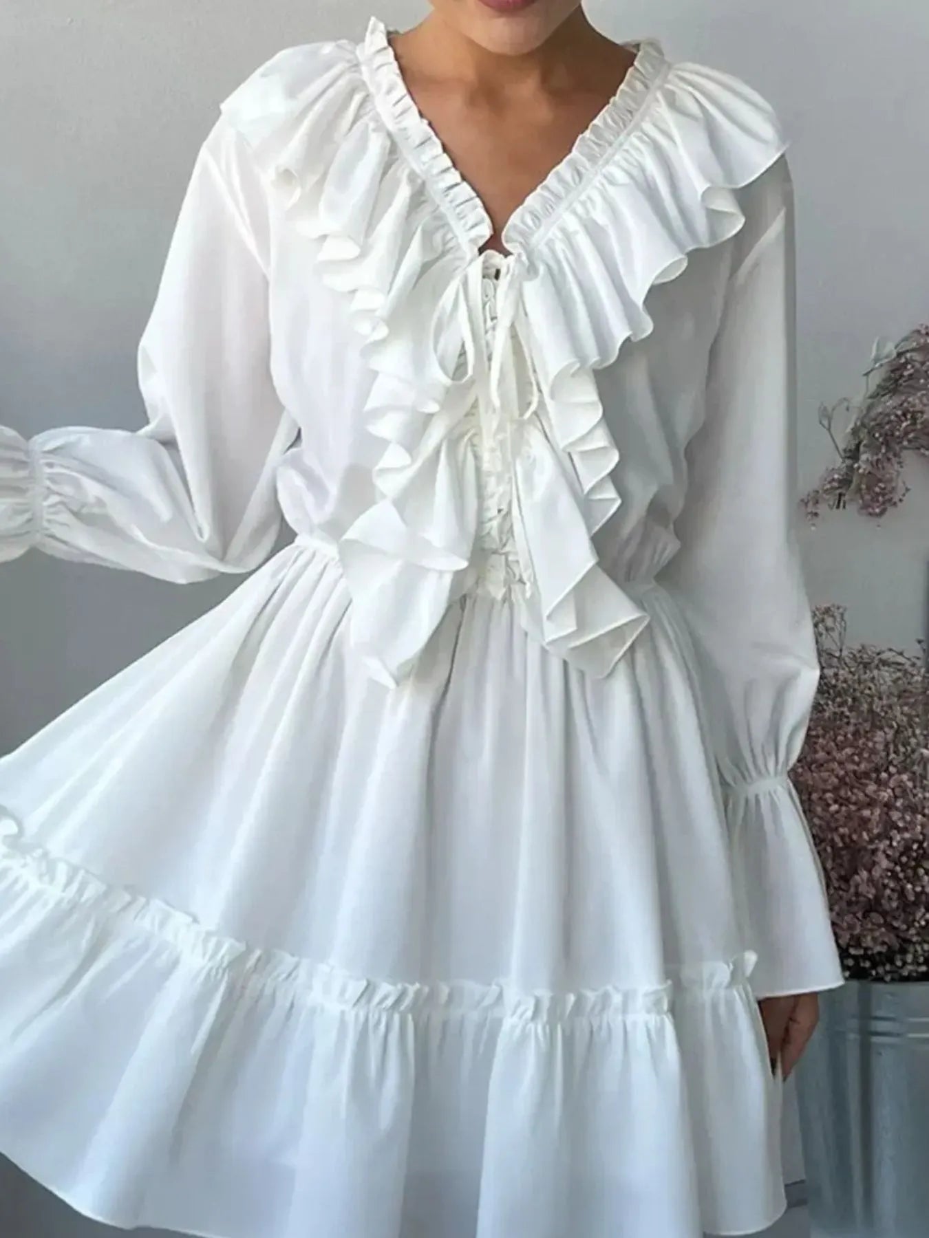 Aesthetic Martina Long Sleeved Mini Dress with Ruffle Designer Edit
