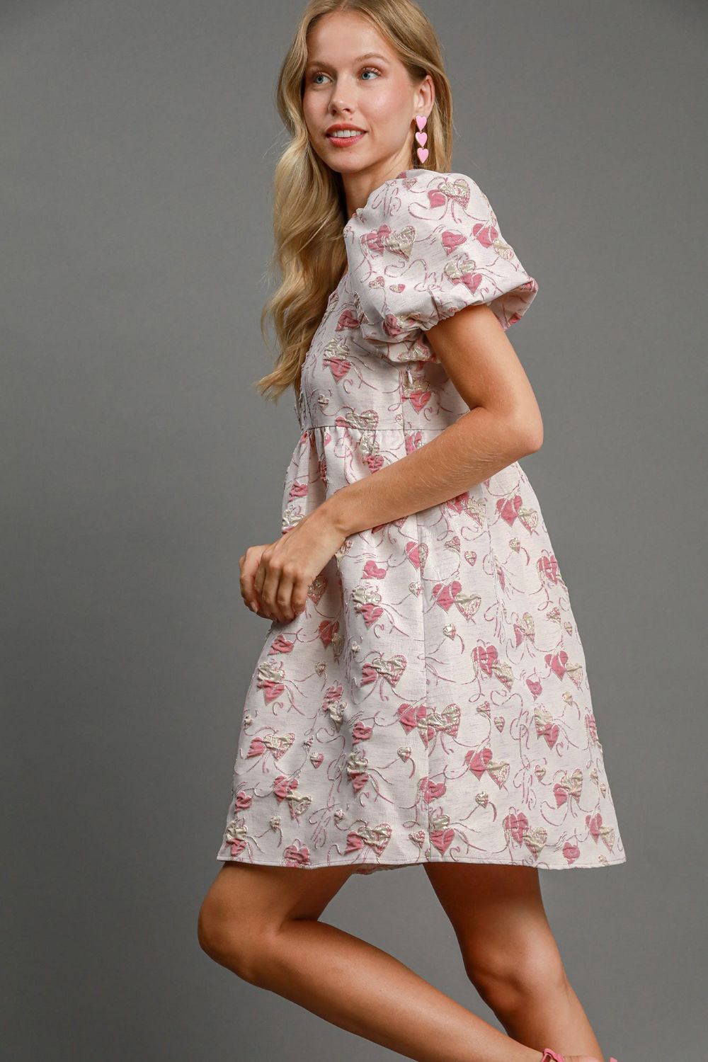 Boutique Ella Heart Jacquard Mini Dress with Square Neckline and Puff Sleeves Designer Edit