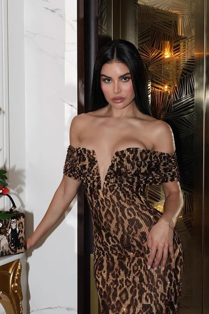 Neck V Off Shoulder Sequin Midi Dress