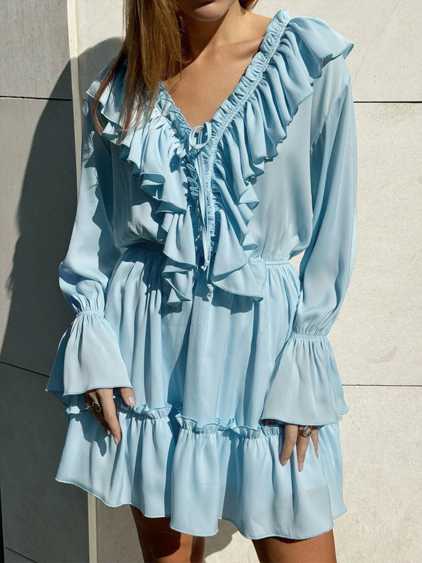 Aesthetic Martina Long Sleeved Mini Dress with Ruffle Designer Edit