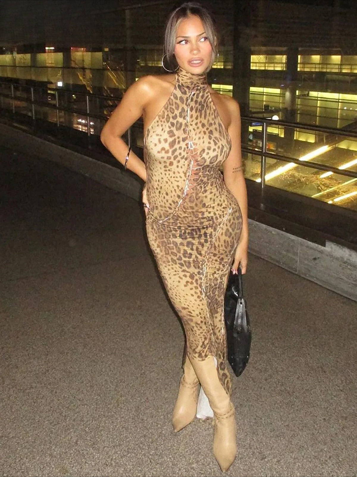 Slit Leopard Turtleneck Midi Dress