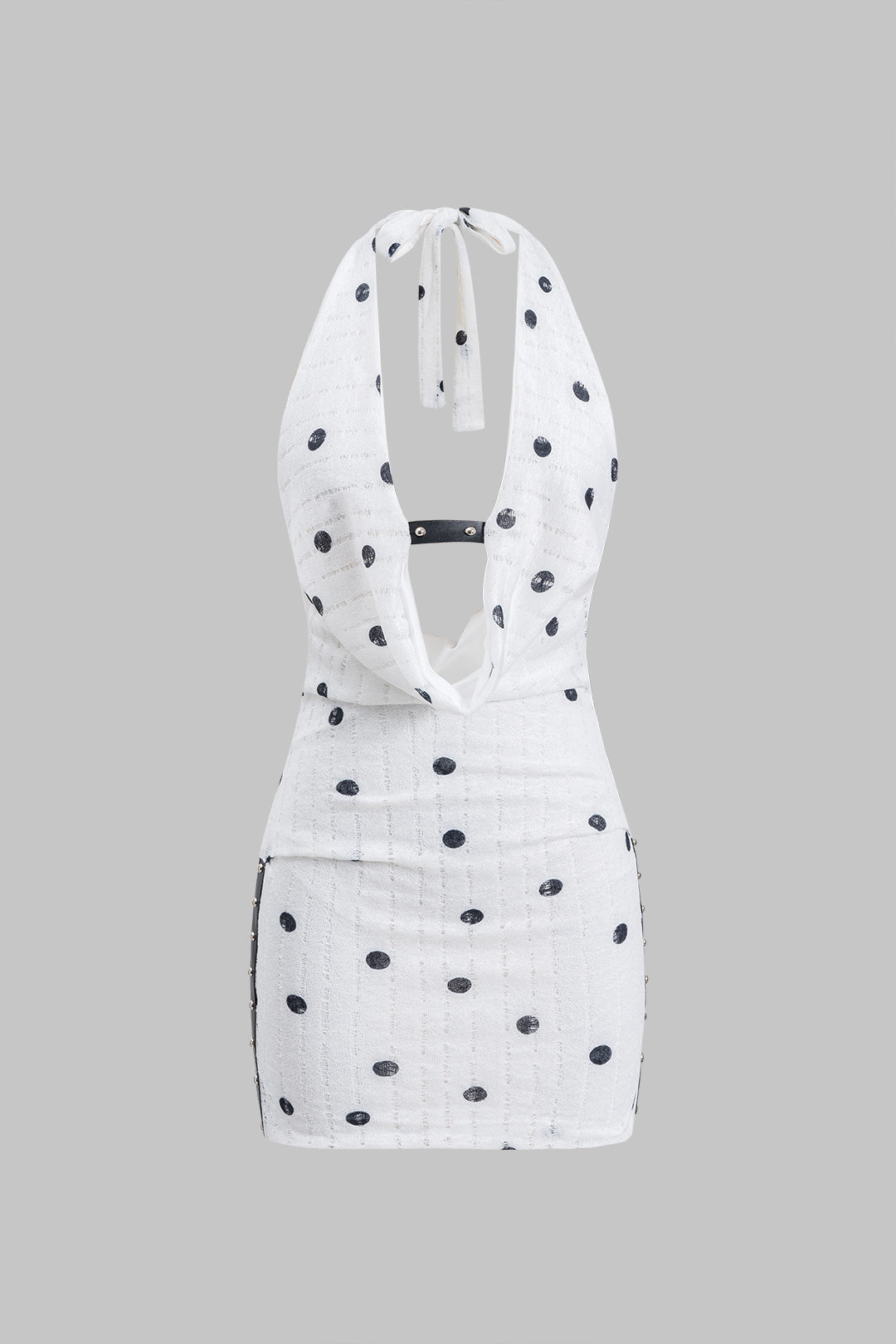 Dots Polka Pattern Lace Ruched Halter Neck Tie Up Backless Mini Dress