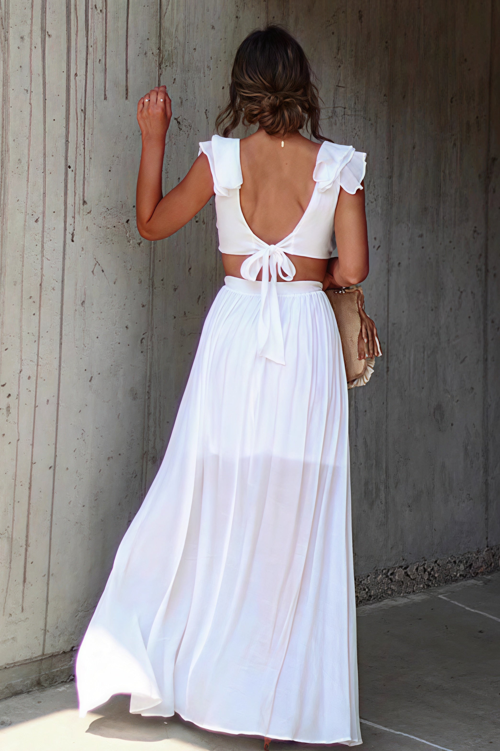 V Neck Ruffle Slit Flowy Maxi Boho Dress