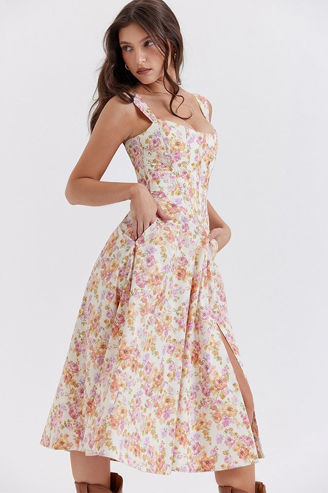 Spaghetti Strap Botanical Ruched Midi Dress