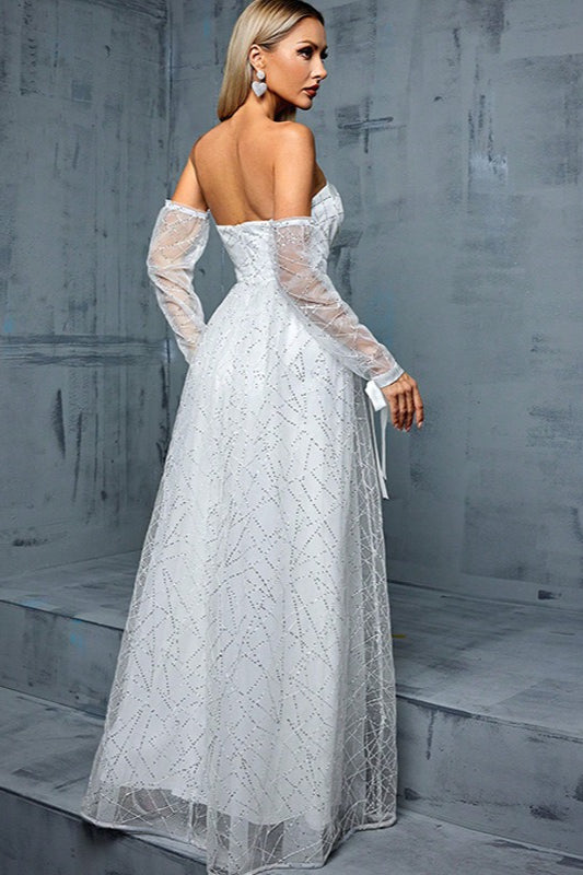 French Off Shoulder Long Sleeved Mesh Prom Dress