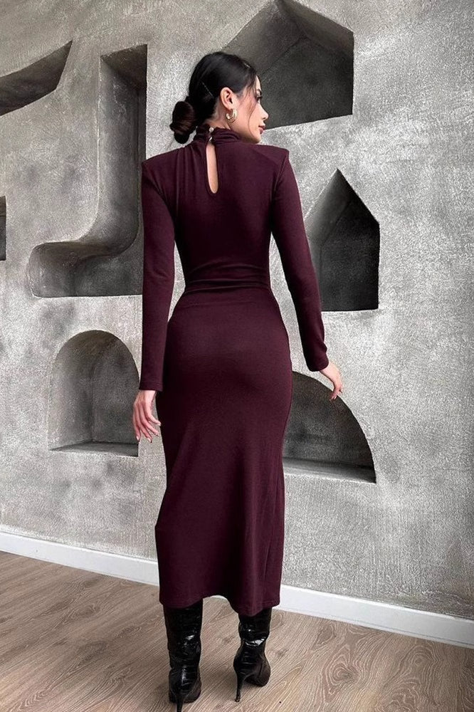 Neck High Ruched Split Midi Dress