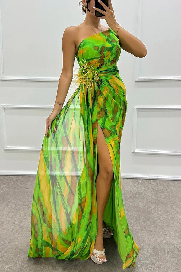 Renee Exclusive Amazing Views Off Shoulder Pleated Slit Maxi Dress with Feather Rose Detail in Watercolor Print Chic Silhouette Collection
