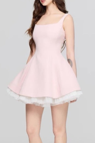 Neck Square Mesh Panel Mini Dress