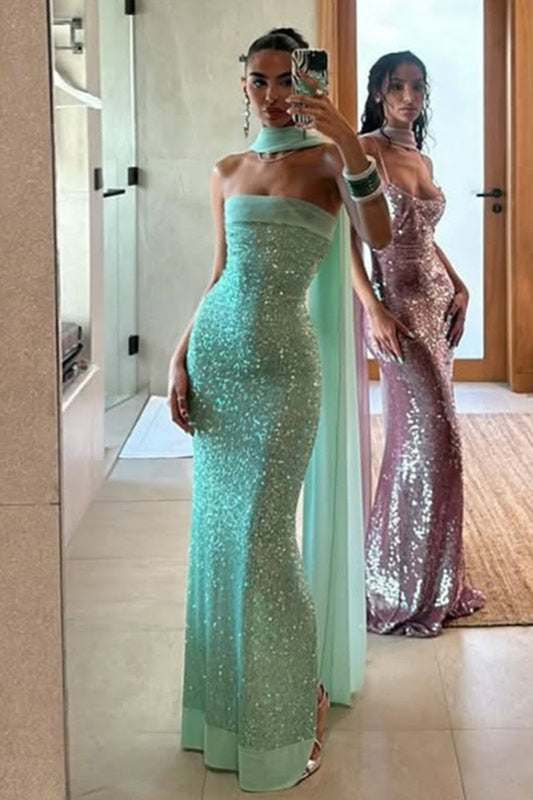 Chic Strapless Solid Color Slim Fit Long Sequin Prom Dress