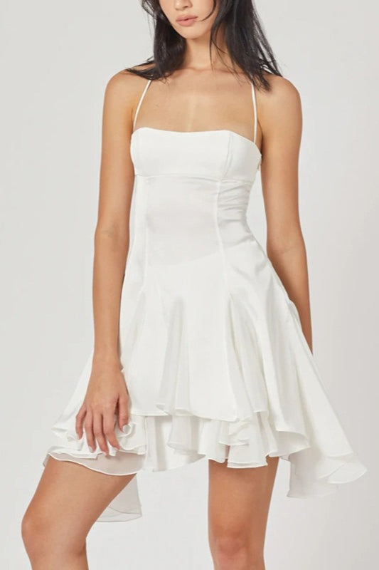 Off Halter Shoulder Ruffle Hem Mini Dress