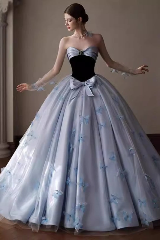 Flower Applique Strapless Ball Gown Prom Dress