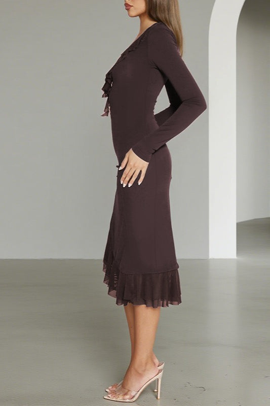 Long Ruffled Sleeve Bodycon Midi Dress