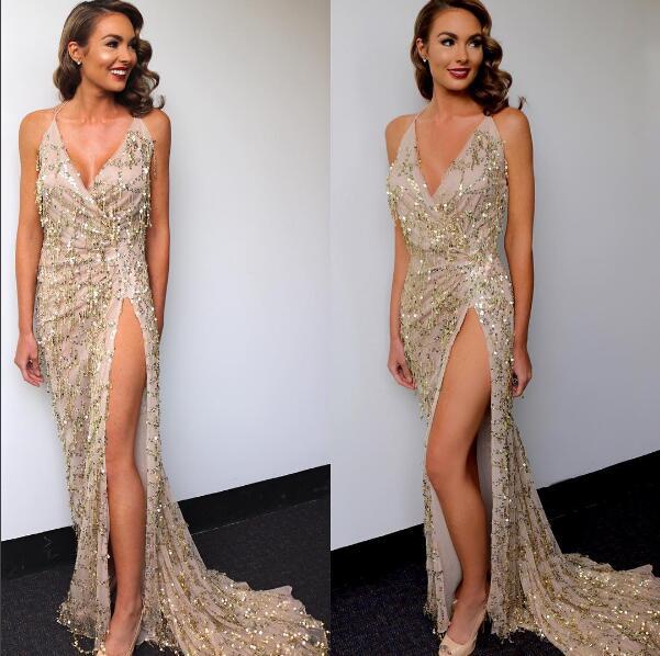 Attractive Women Clothing V neck Backless Slit Sling Gold Sequ Dress Maxi Dress Summer