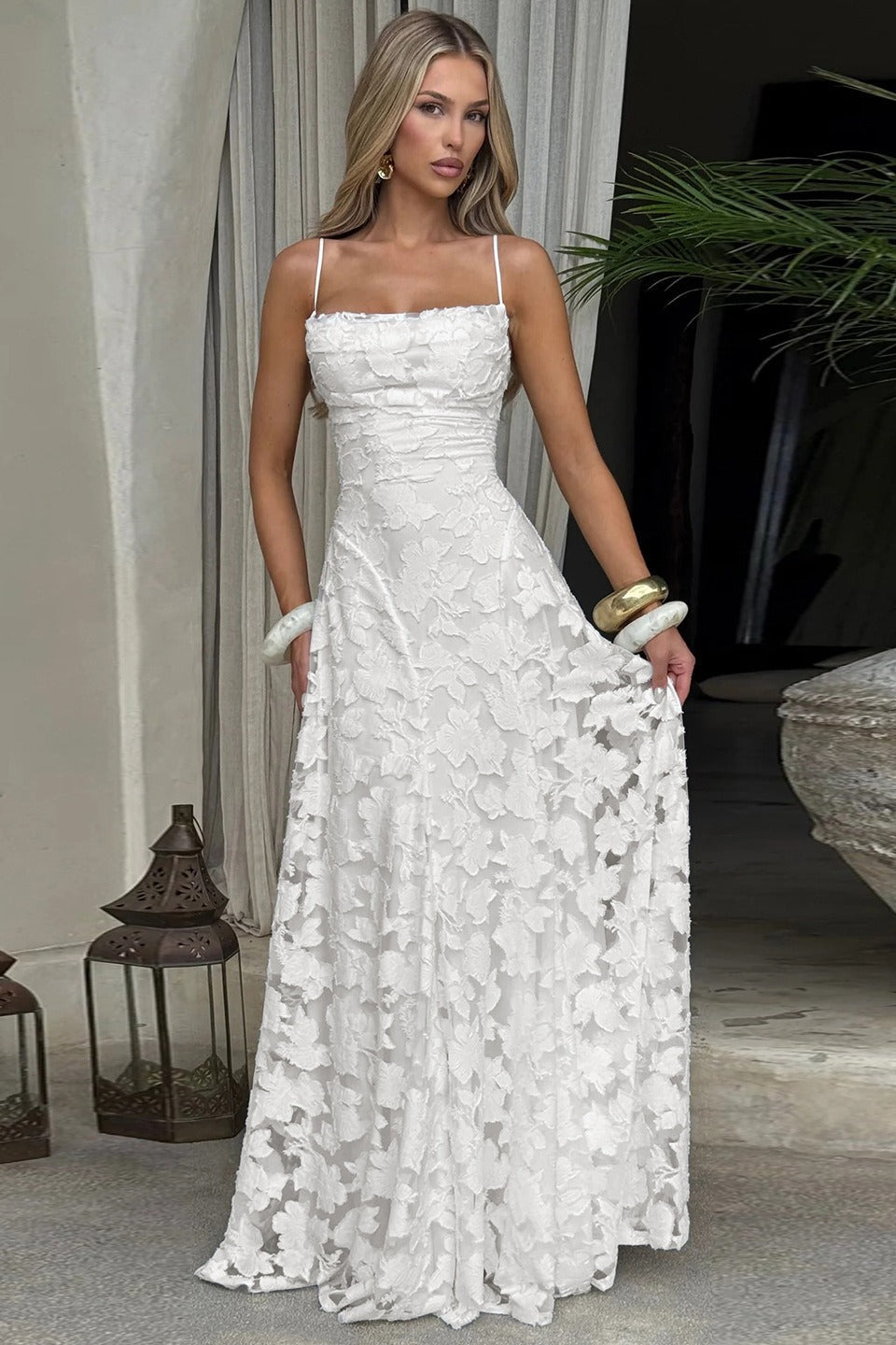 Jacquard Edition Cami Backless Maxi Lace Dress
