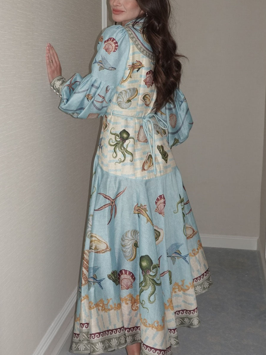 Unique Deep Sea Bloom Print Single Breasted Midi Dress