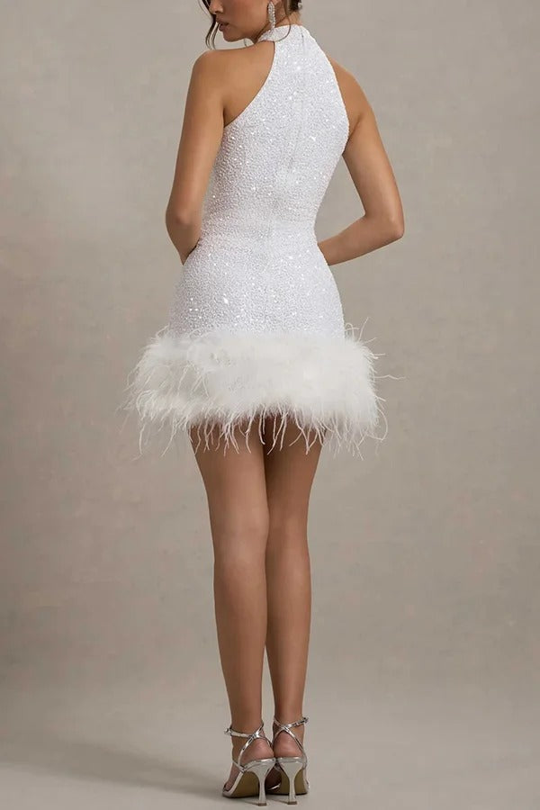 Minimalist Kate Iridescent and Playful Stretch Mini Dress with High Neck Sequin Trim and Feather Statement Occasion Edit