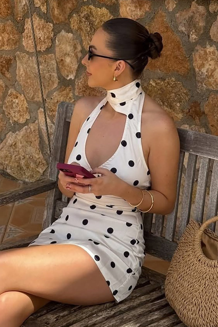 Dot Polka VNeck Halter HighWaist ALine Mini Dress