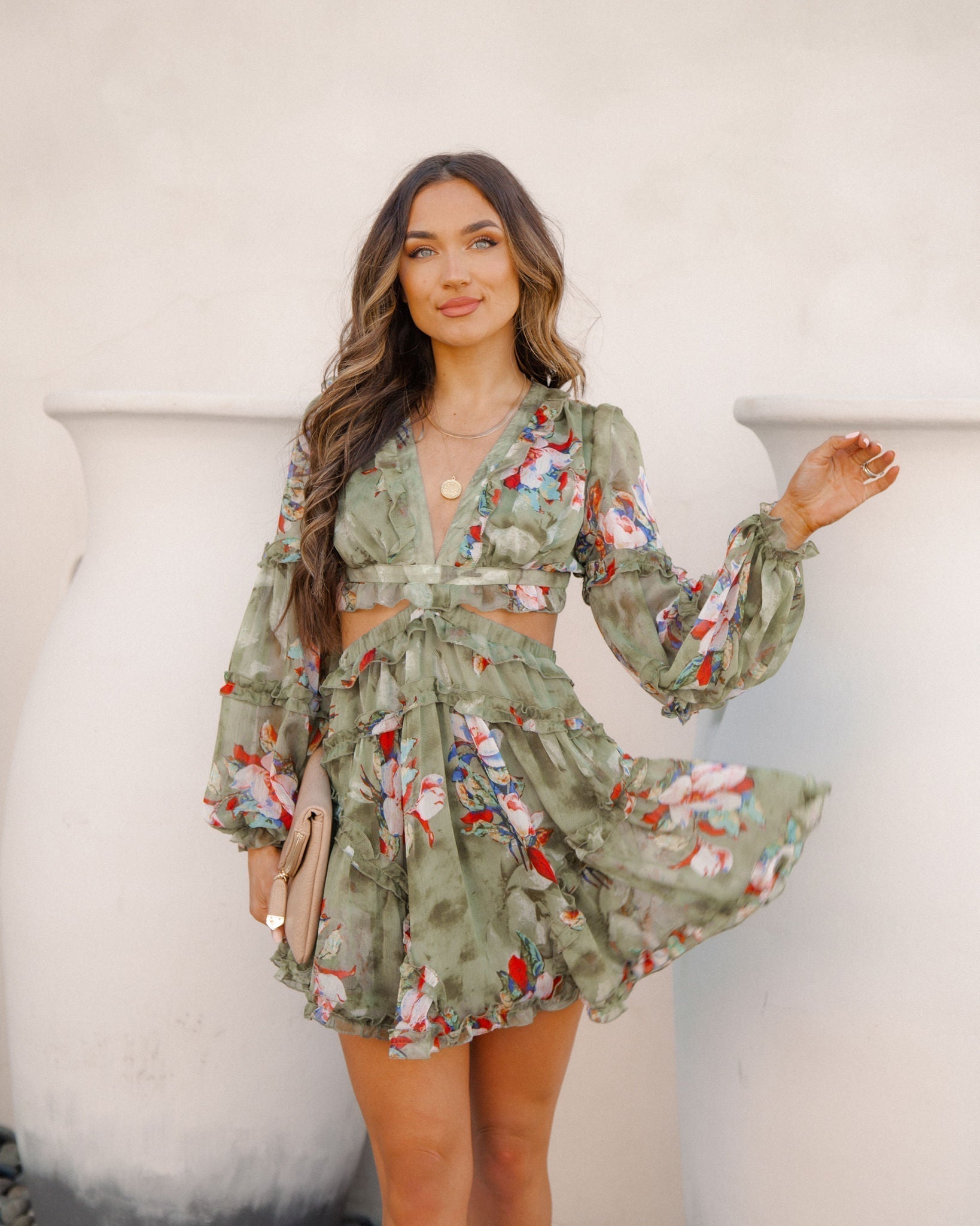 Zida Bloom Ruffle Tiered Cutout Dress Olive