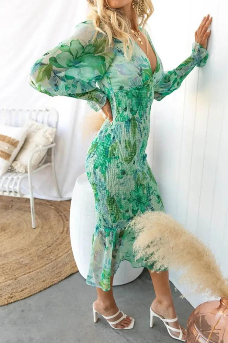 Rafaela Aesthetic Flower Print Midi Dress Elevated Occasion Wear