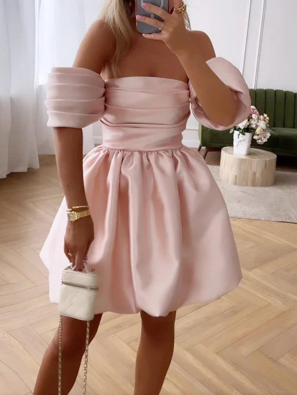 Shoulder One Puff Sleeve Solid Color Dress