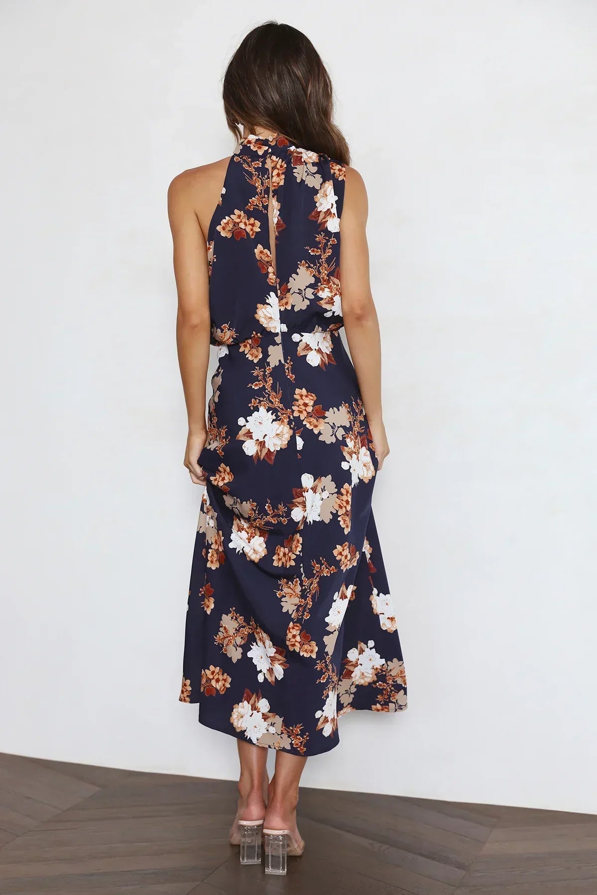 Wine Country Dates Bloom Halter Neck Elastic Waist Maxi Dress