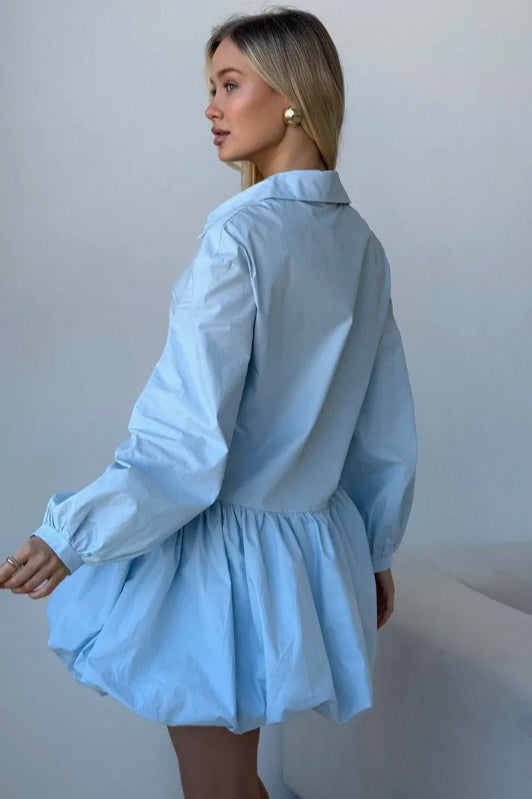 Sleeve Puff Buttoned Mini Dress