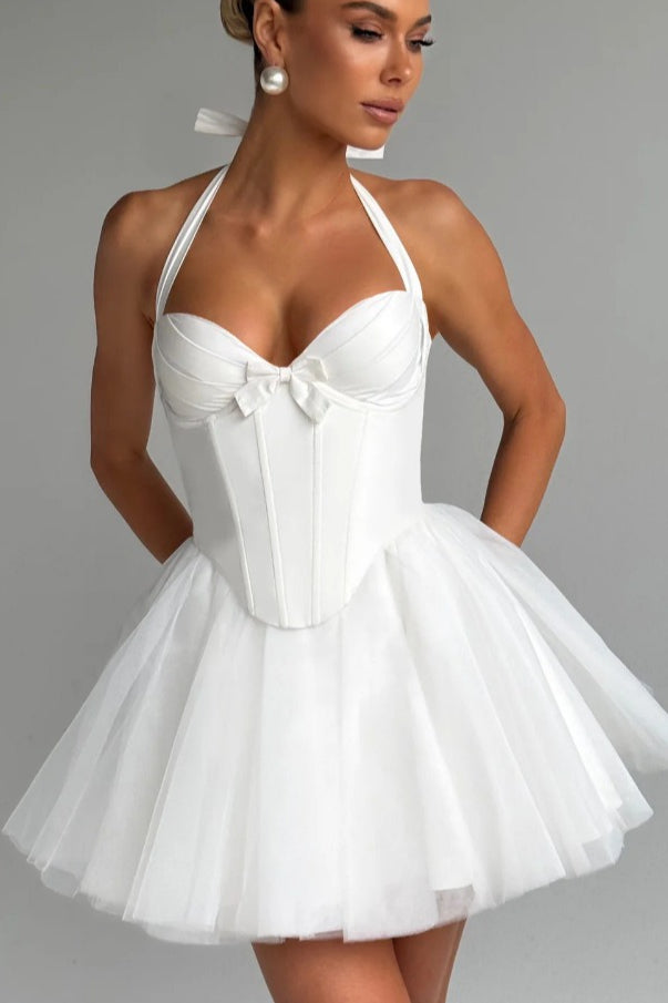 Halter Boned Lace Tie Waist Tulle Mini Dress