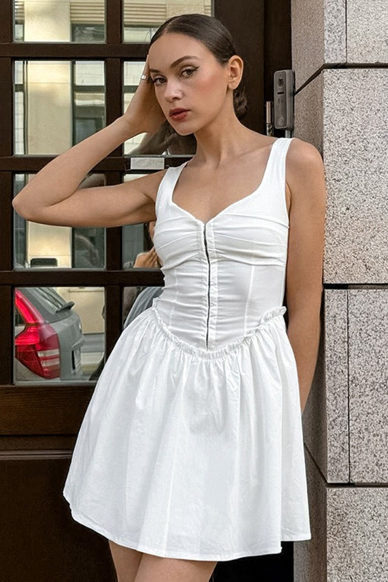 Ruched Buttoned Square Neck Mini Dress