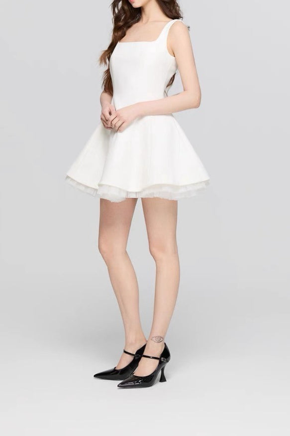 Neck Square Mesh Panel Mini Dress