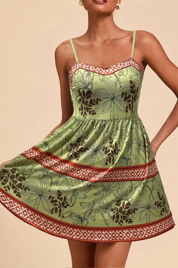 Printed Green Cami A Line Vacation Dress
