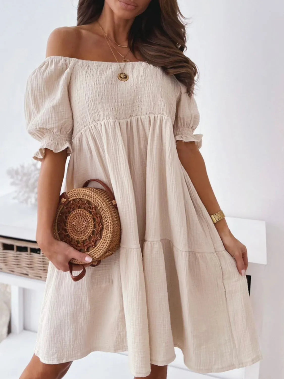 Premium Clara Off the Shoulder Short Sleeved Mini Dress Boutique Collection