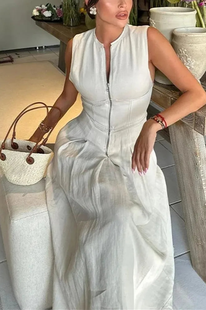 Pleated Zipper Midi Dress