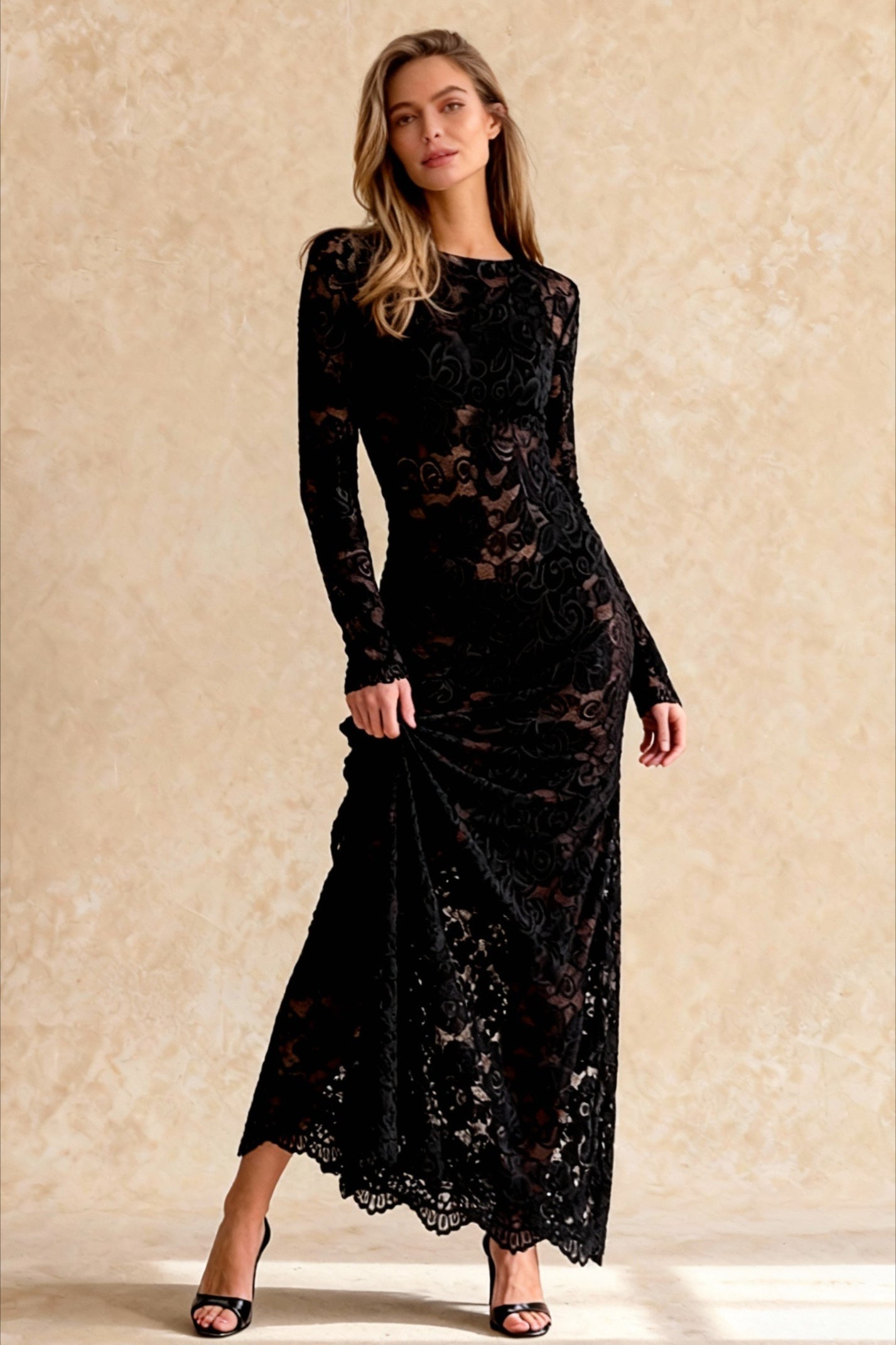 Jacquard Sheer Lace Long Sleeved Mermaid Maxi Dress