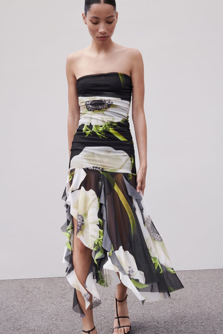 Gardenia Flower Mesh Pleat Tube Midi Dress