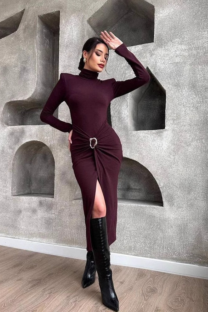 Neck High Ruched Split Midi Dress
