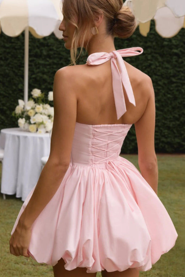 Refined Halter Tie Bow Puffy Hem Mini Dress