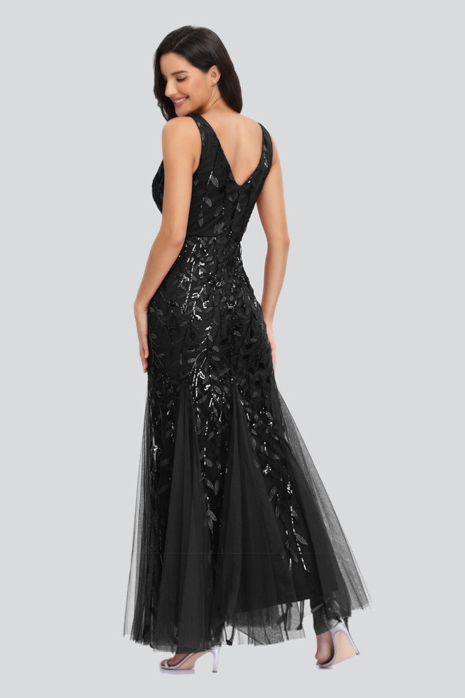 V Neck Sheer Embroidered Sequin Chic Prom Dress