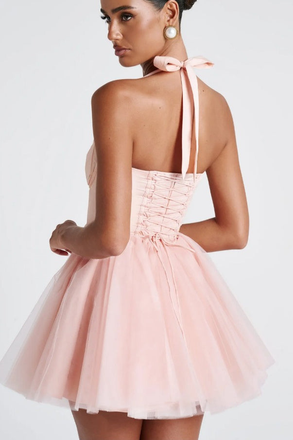 Halter Boned Lace Tie Waist Tulle Mini Dress