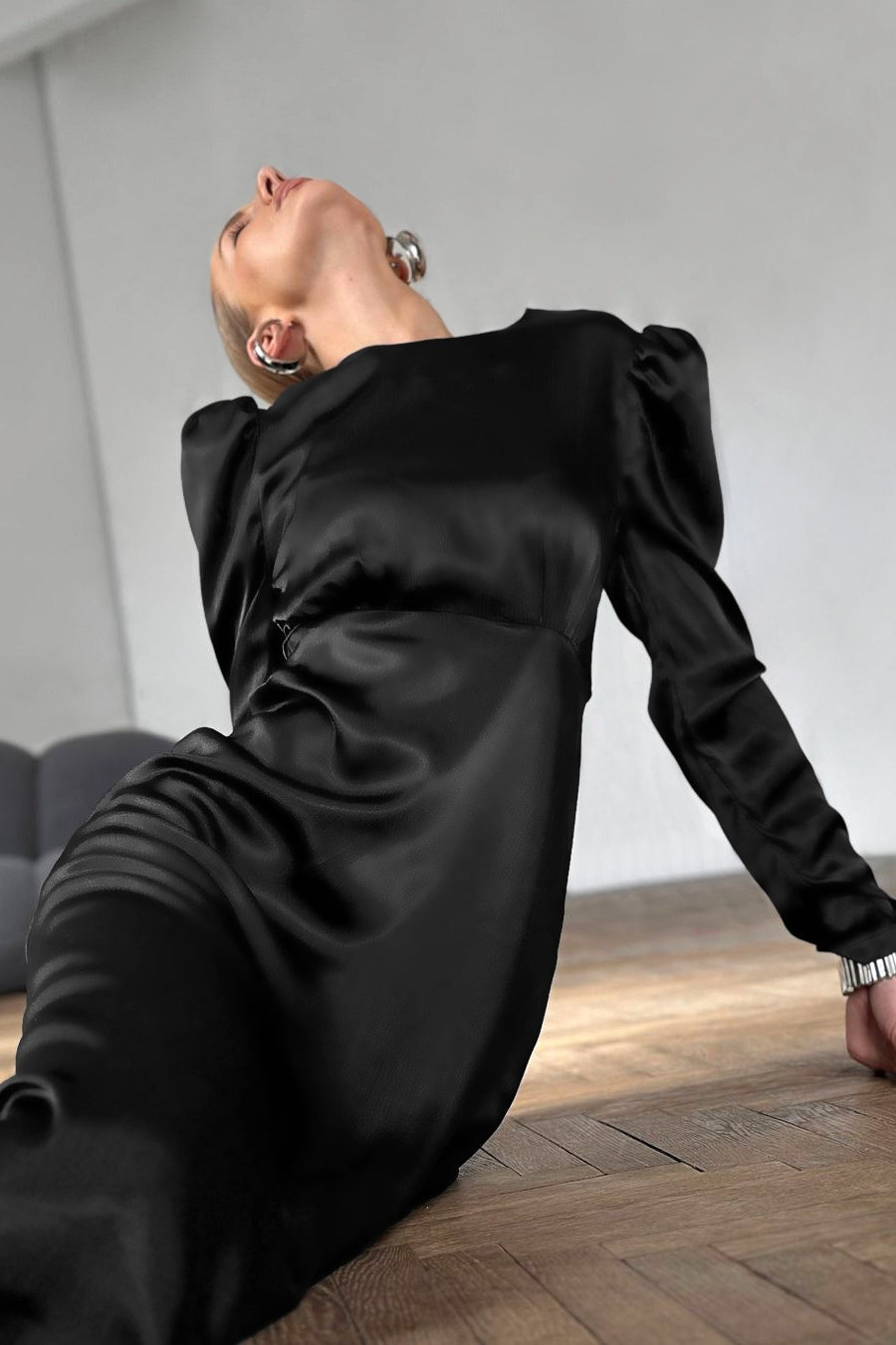 Satin Black Puff Sleeve Midi Dress